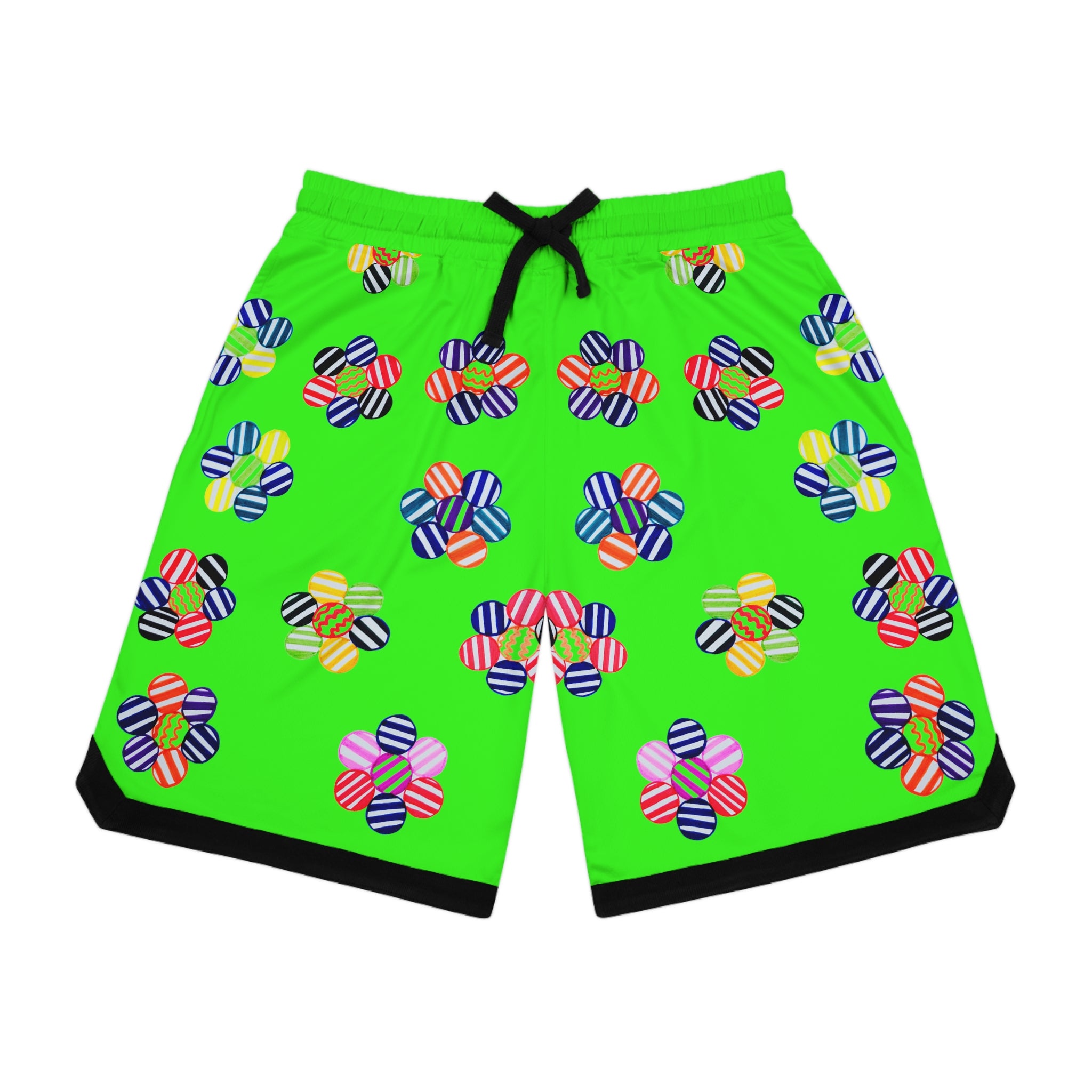 Neon Green Geo Floral Basketball Rib Shorts (AOP)
