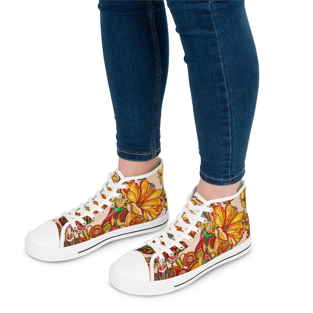 nude floral print canvas high top sneakers for women