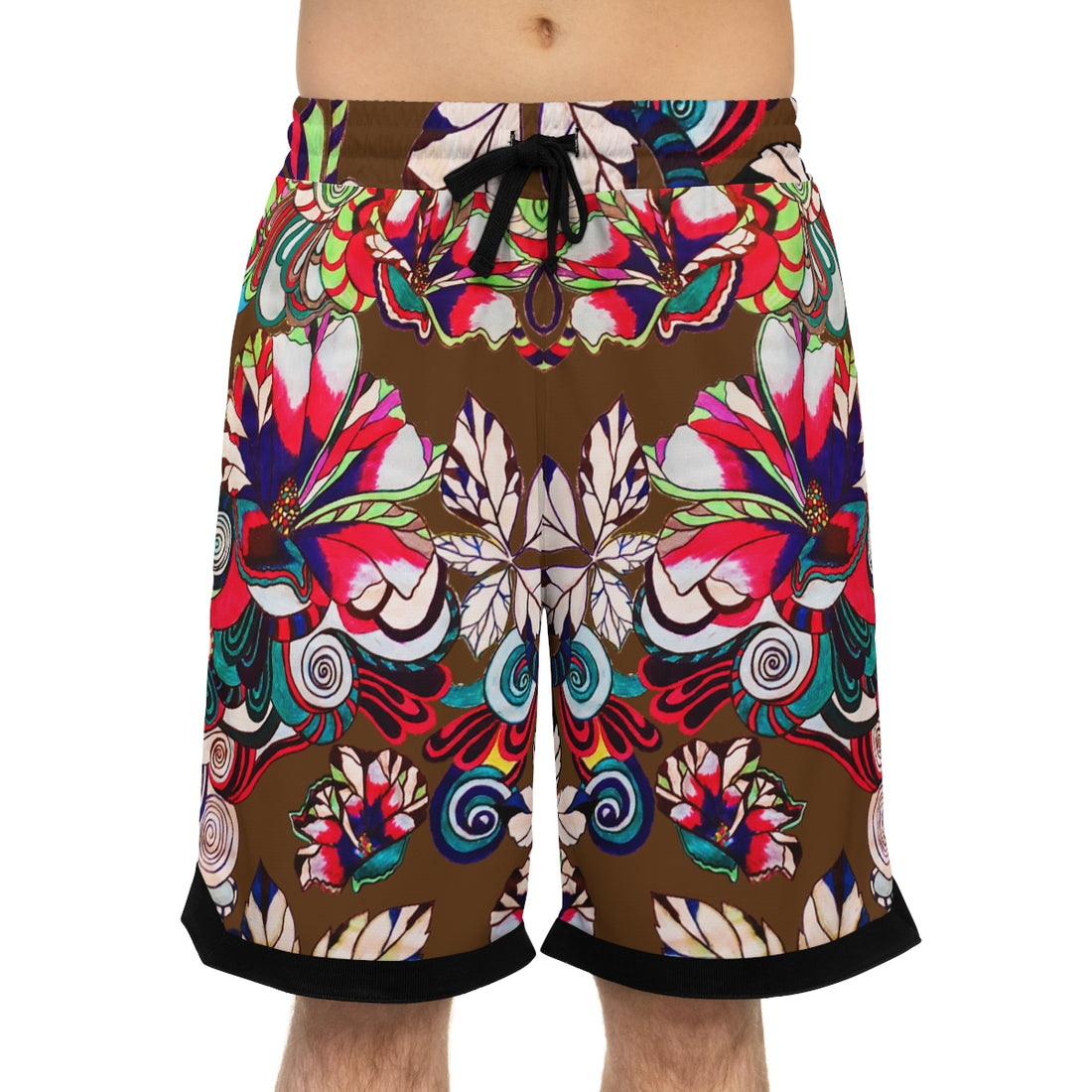 brown graphic floral print basketball shorts for men