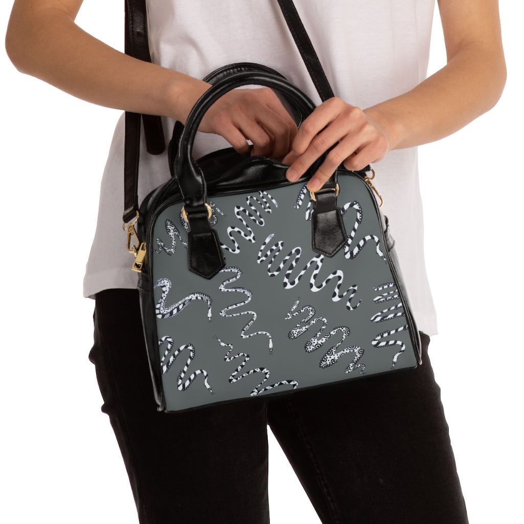 sh grey snake print handbag