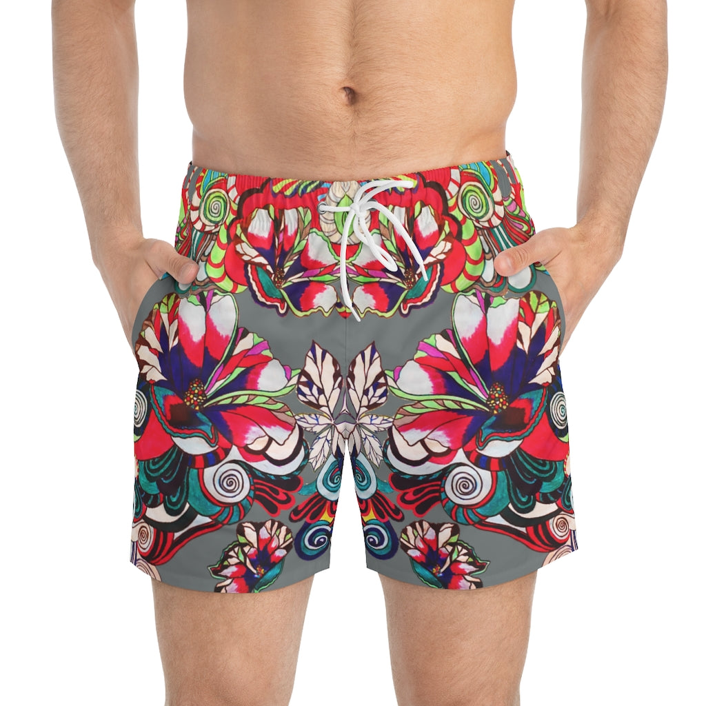 ash grey Graphic floral print men's swimming trunks by labelrara