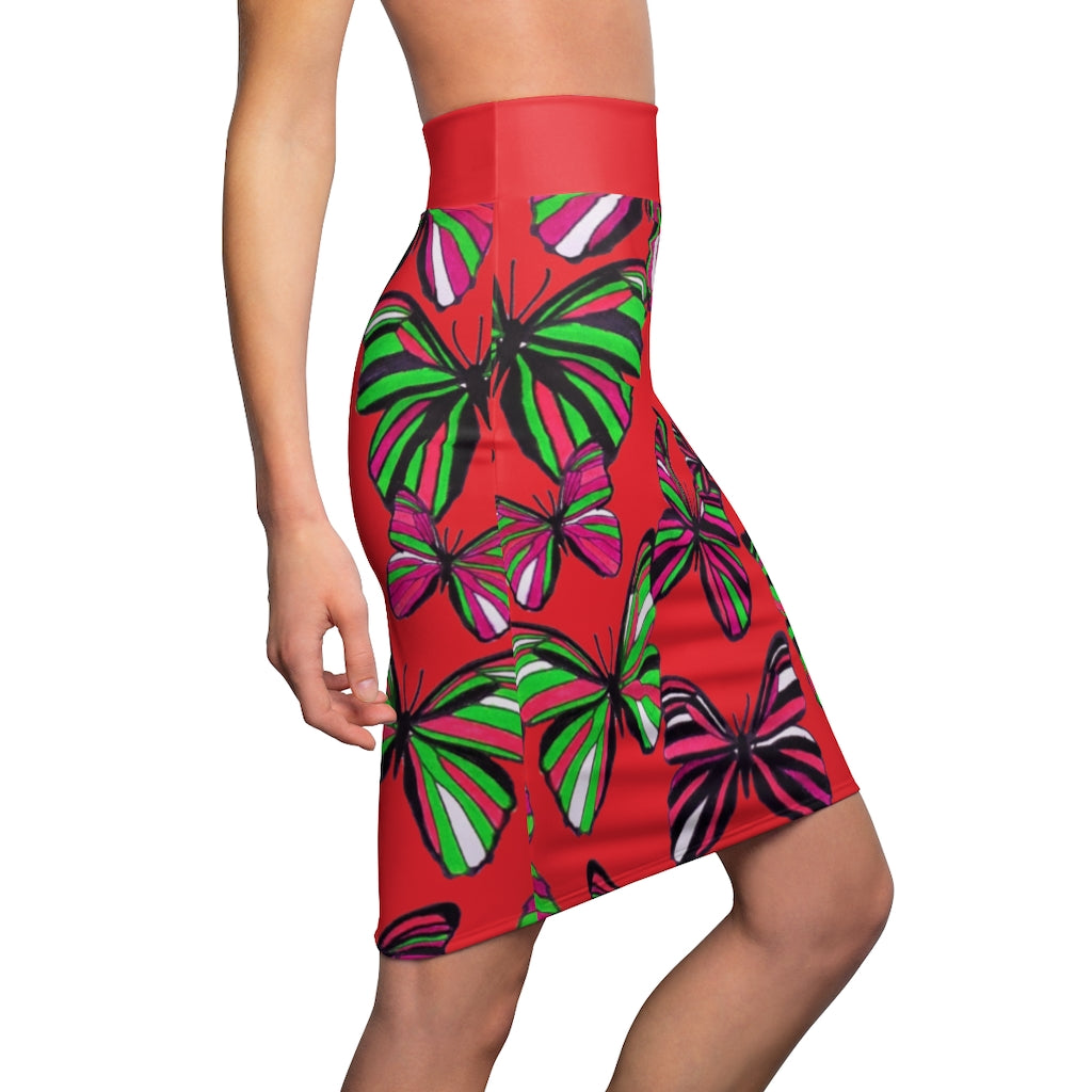 Red Butterflies Pencil Skirt