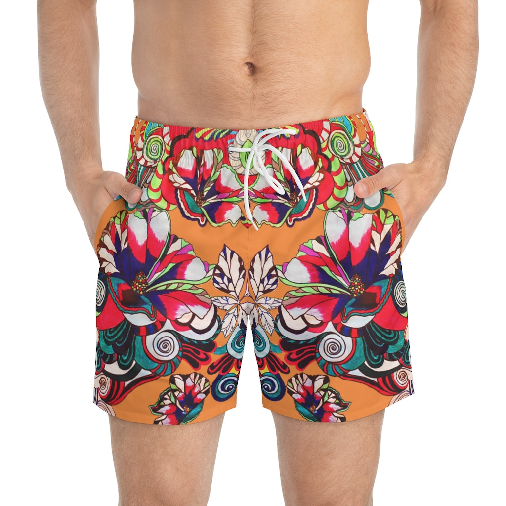 peach Graphic floral print men's swimming trunks by labelrara