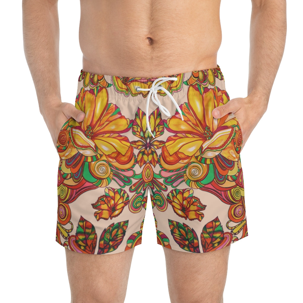 Artsy Floral Men's Nude Swimming Trunks