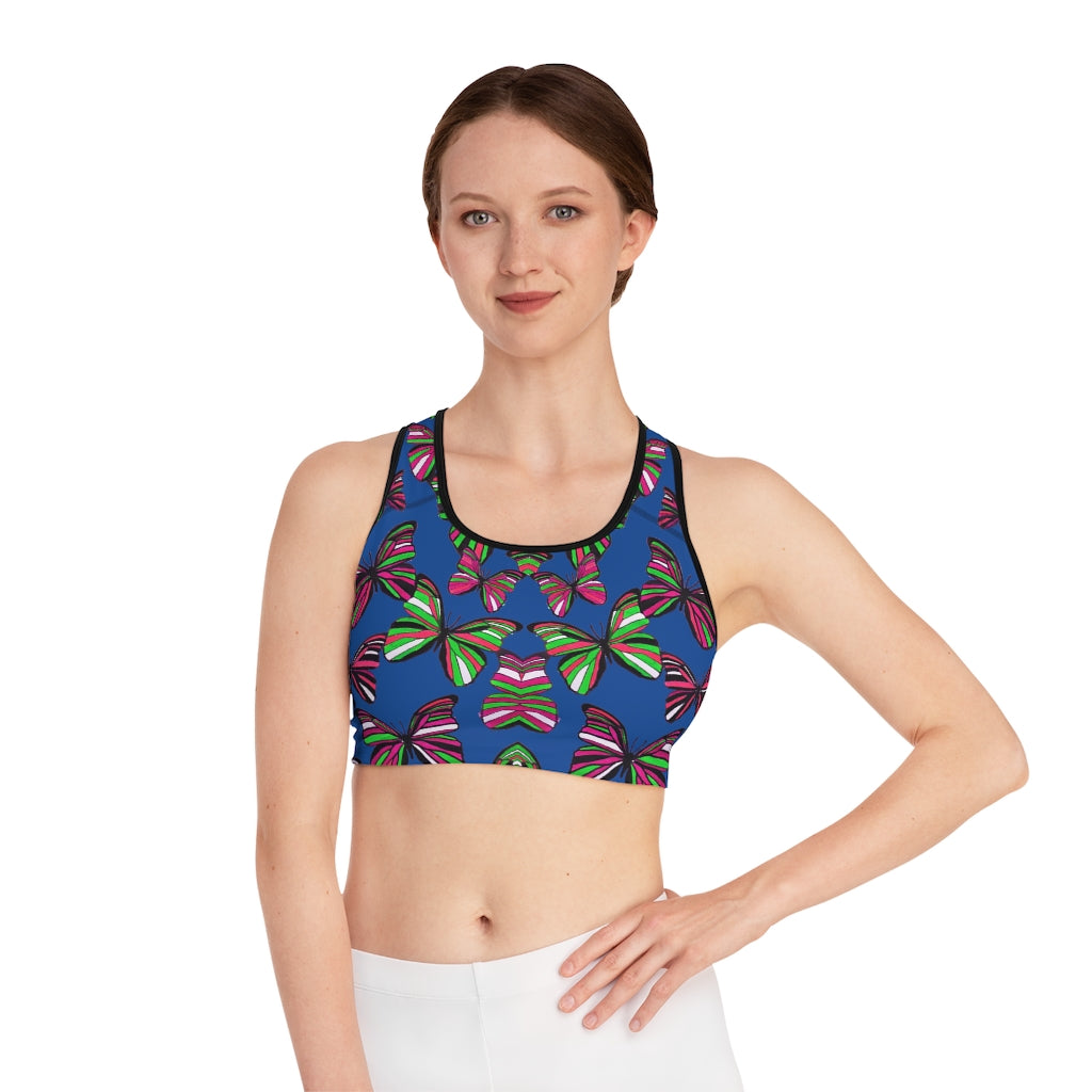 blue butterfly print sports bra