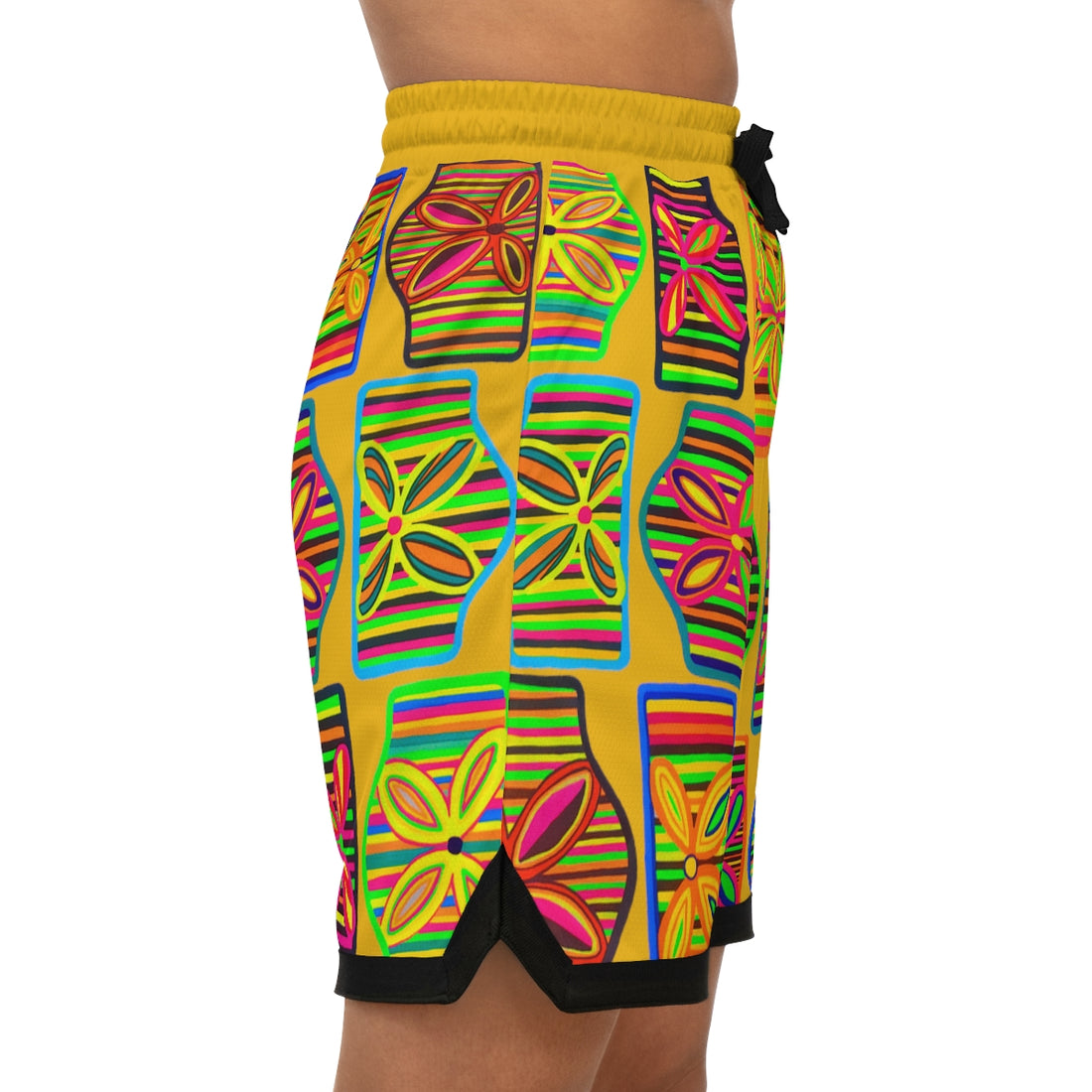 yellow art deco print basketball shorts for men