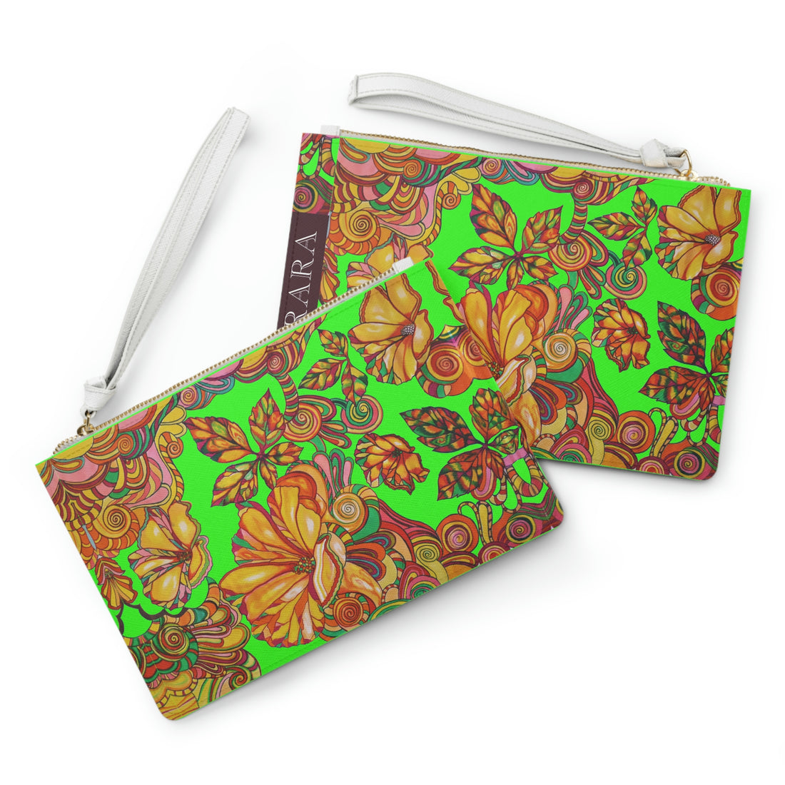 neon green floral print clutch bag