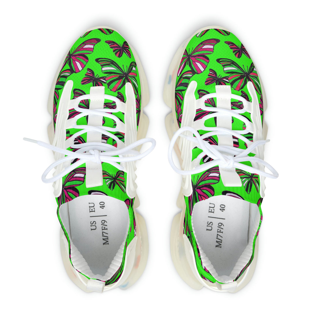 neon green butterfly print women's mesh knit sneakers