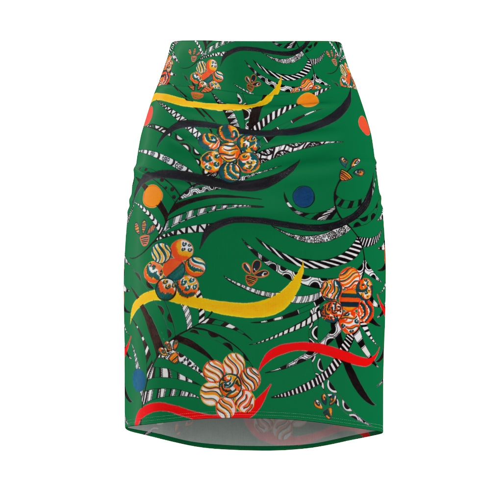 emerald floral & animal print pencil skirt