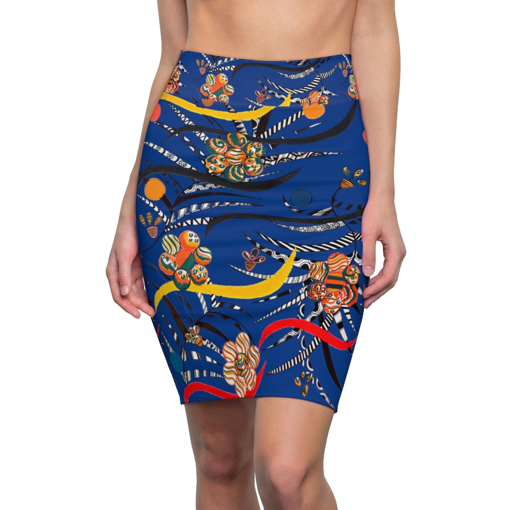 blue floral & animal print pencil skirt'