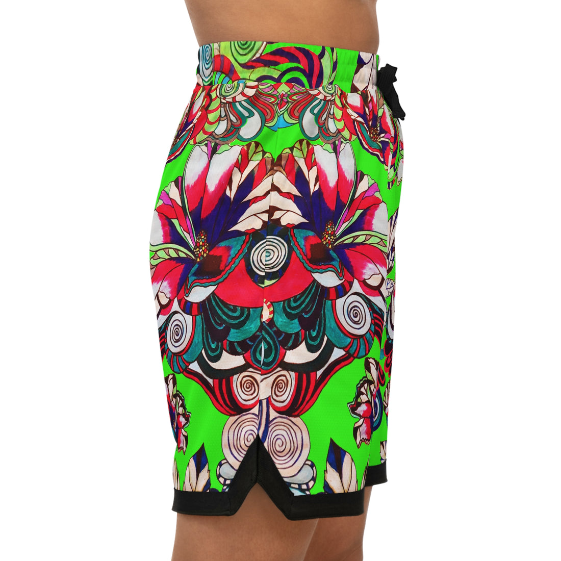 Neon Green Graphic Floral Basketball Rib Shorts (AOP)