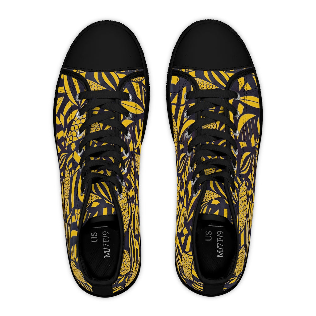yellow tropical print hightop women's sneakers