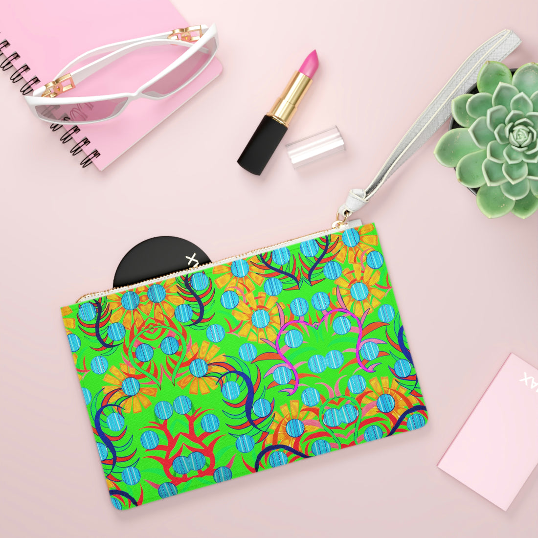 neon green sunflower print clutch bag