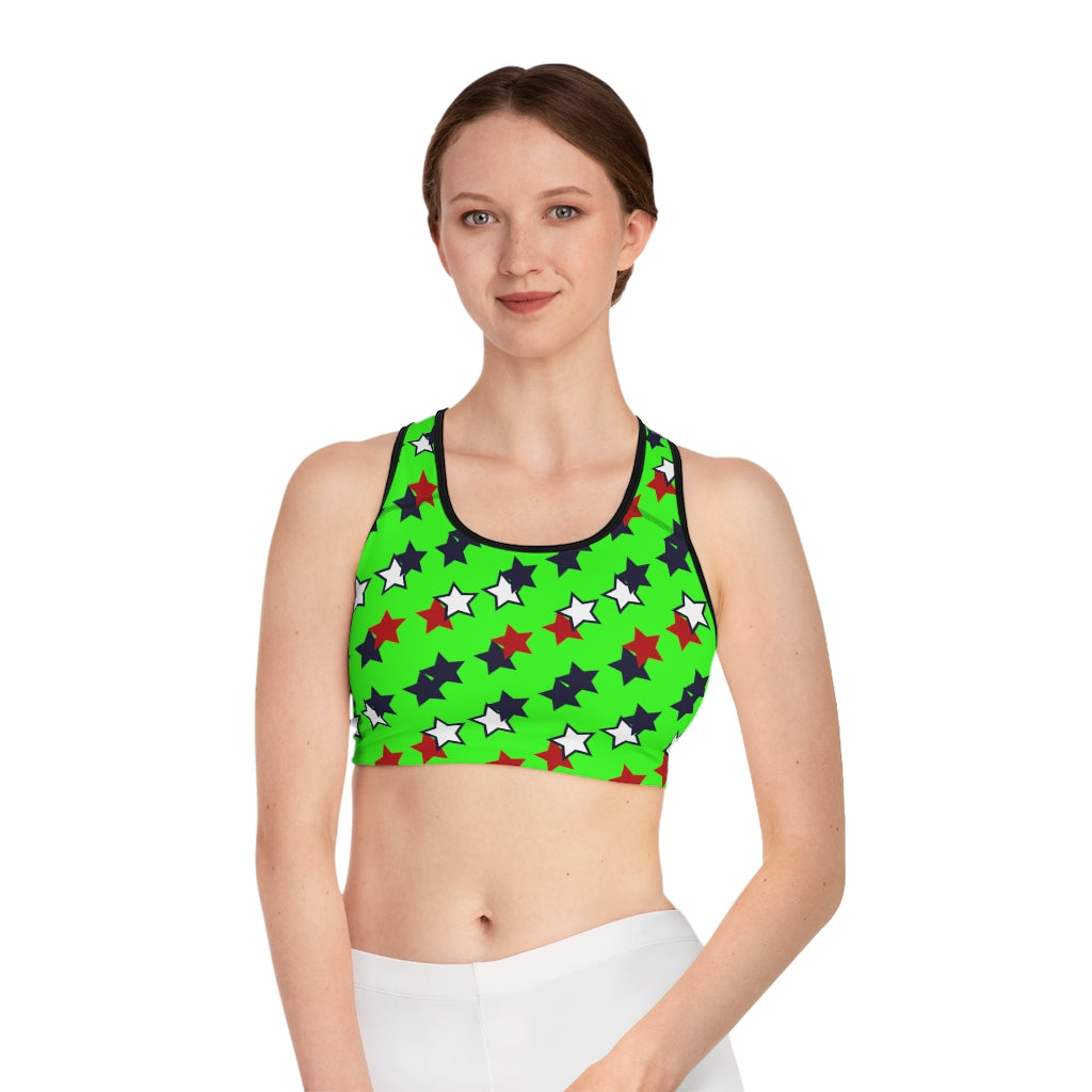 Neon Green Star Print (AOP) Sports Bra