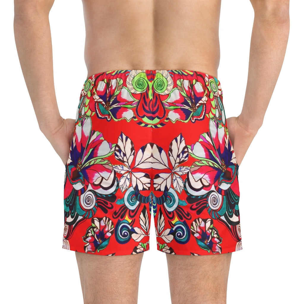 Red Graphic Floral Pop Men's Swimming Trunks