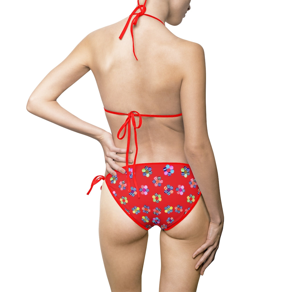 red geometric floral bikini set