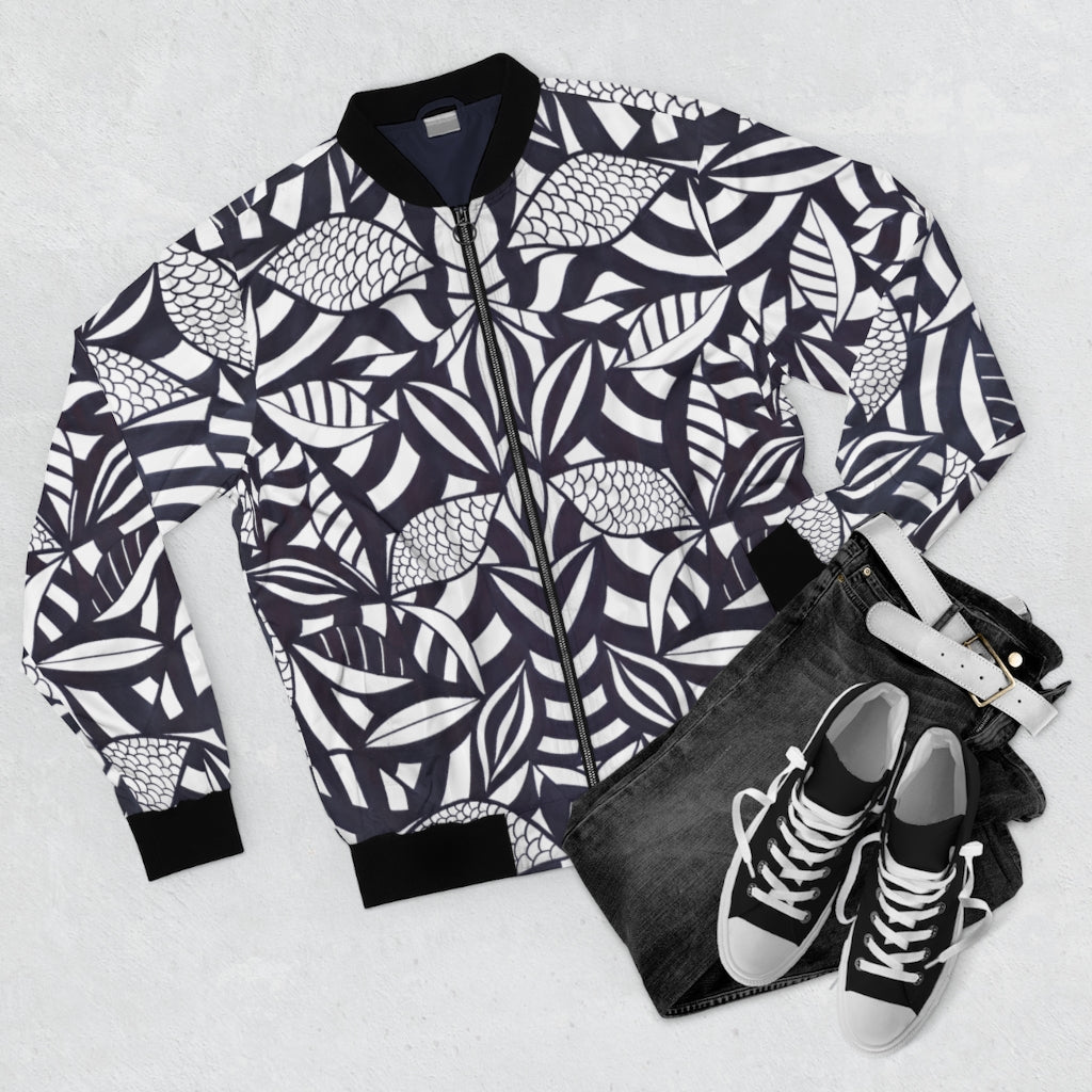 white tropical leaves print men's bomber jacket