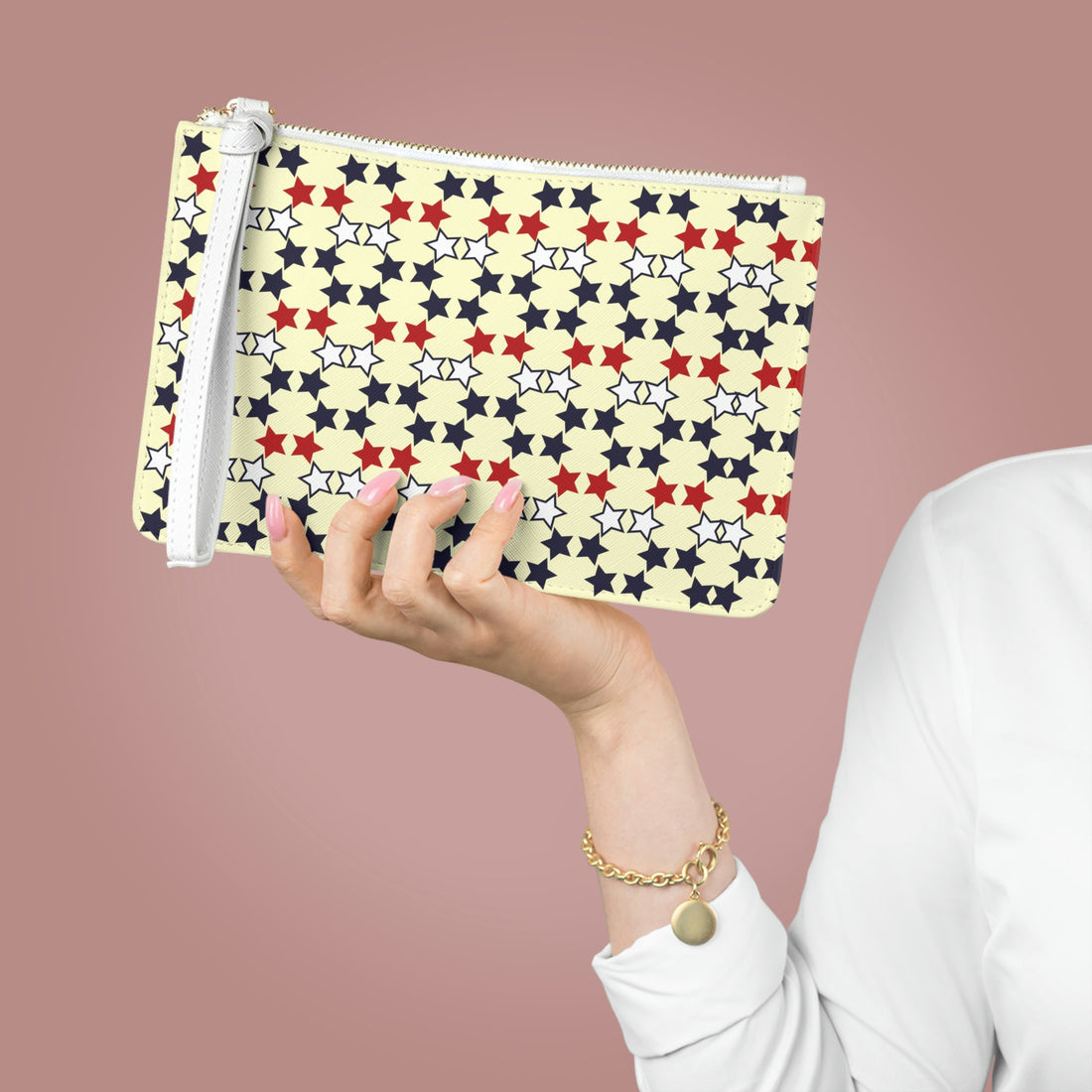 Cream Star Print Clutch Bag