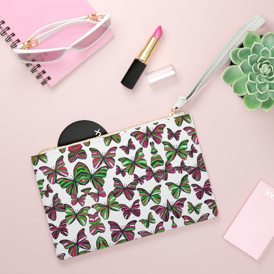 White Butterfly Print Clutch Bag