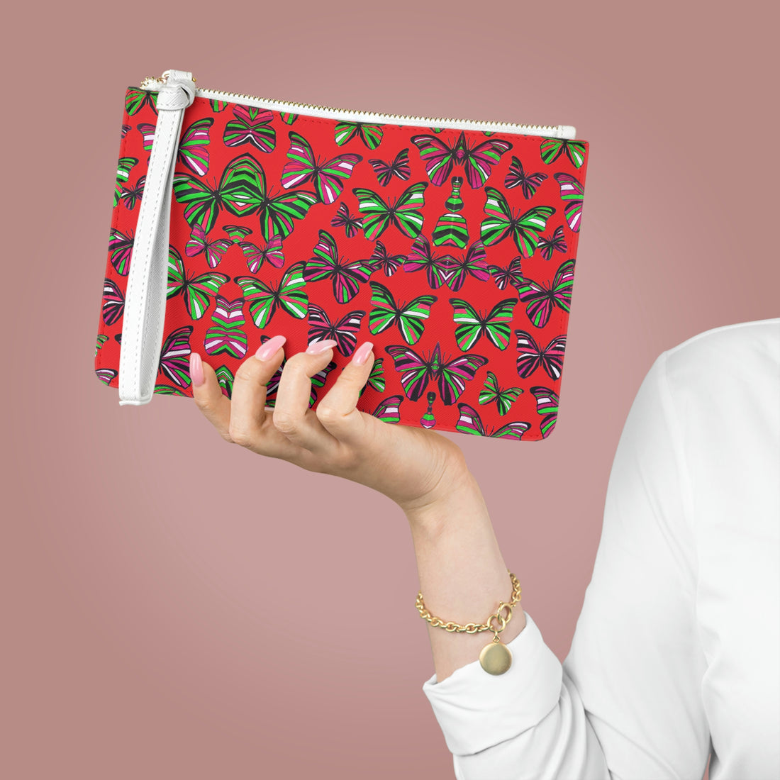 red butterfly print clutch bag