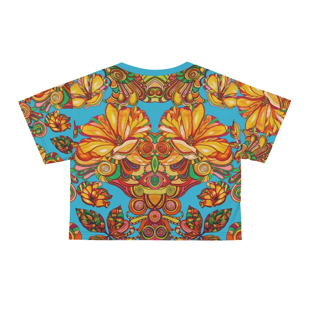 aqua graphic floral print crop t-shirt
