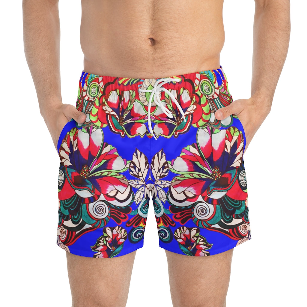 Electric Blue Graphic Floral Pop Men's Swimming Trunks