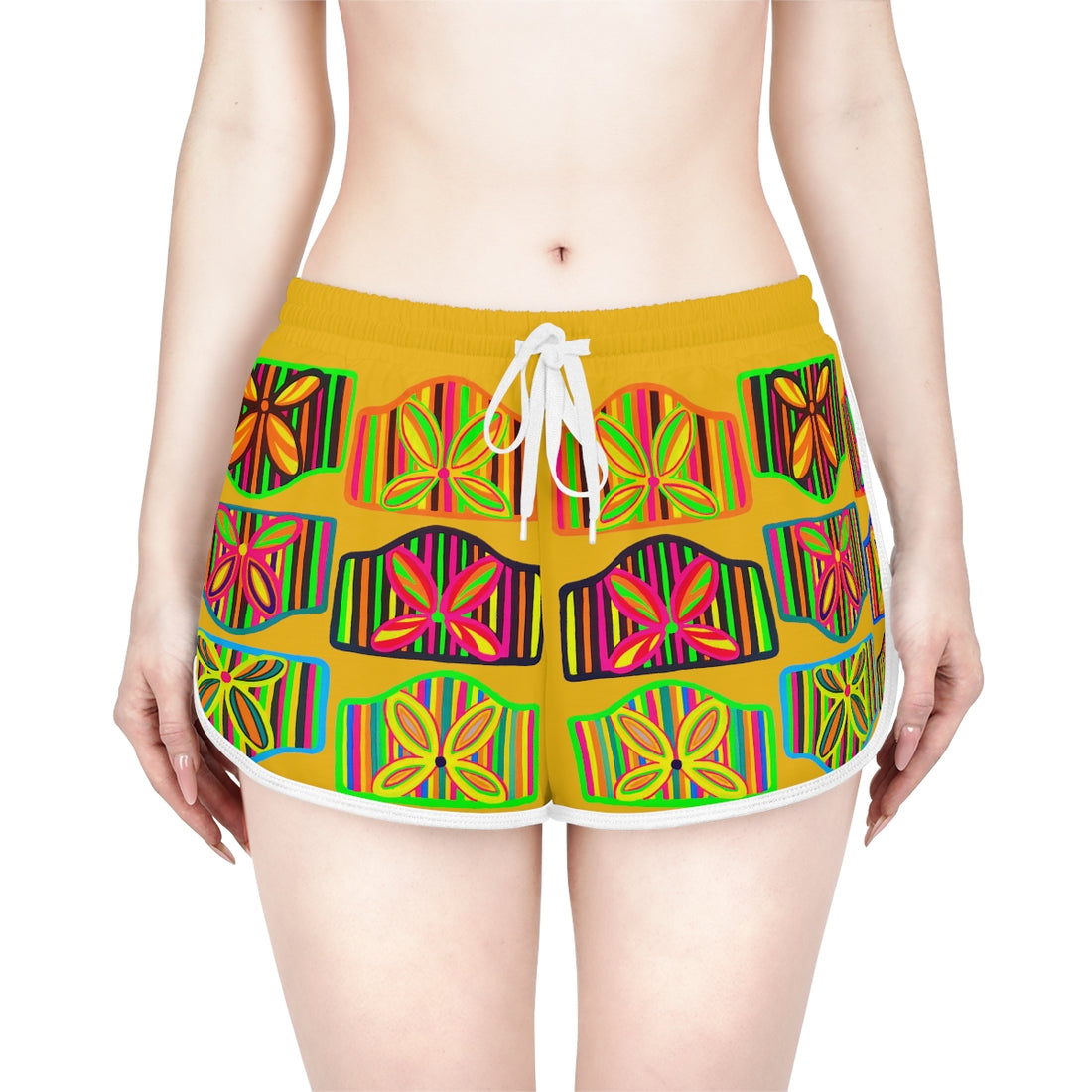 yellow art deco print relaxed gym shorts for women