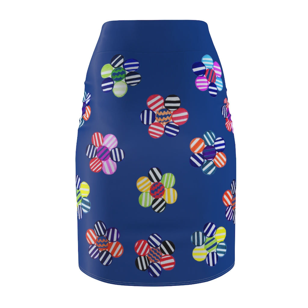 Blue Candy Florals Print Pencil Skirt