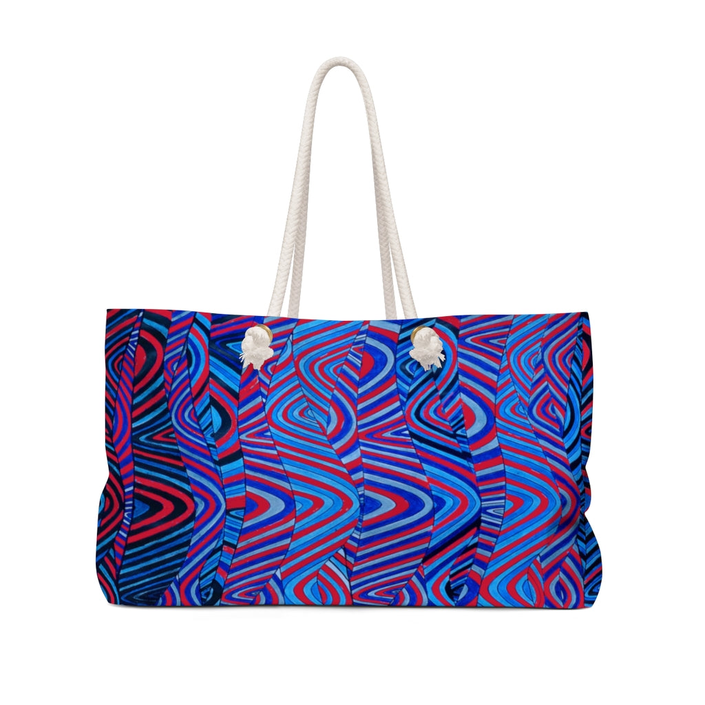 maroon & blue psychedelic print weekender oversized tote bag