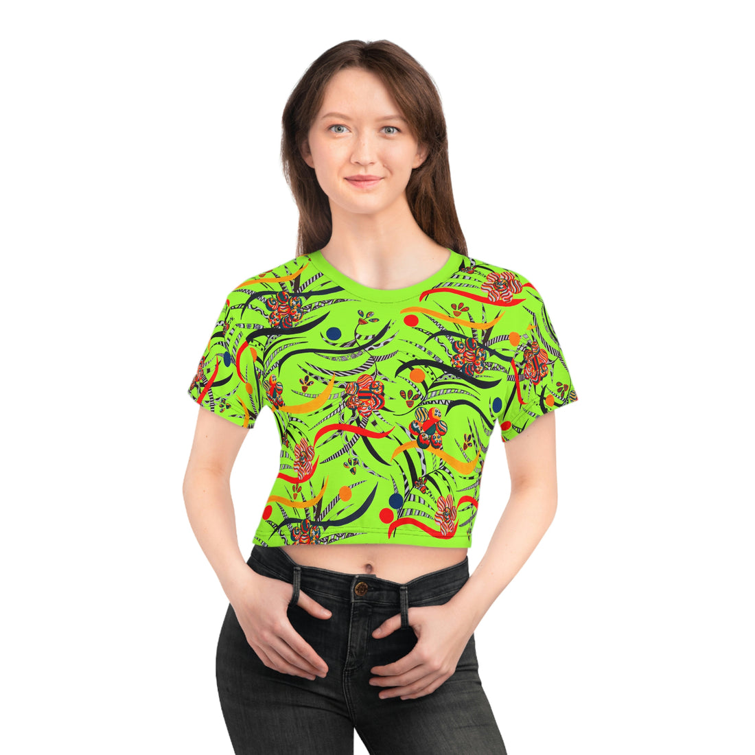 lime green tropical animal print cropped t-shirt