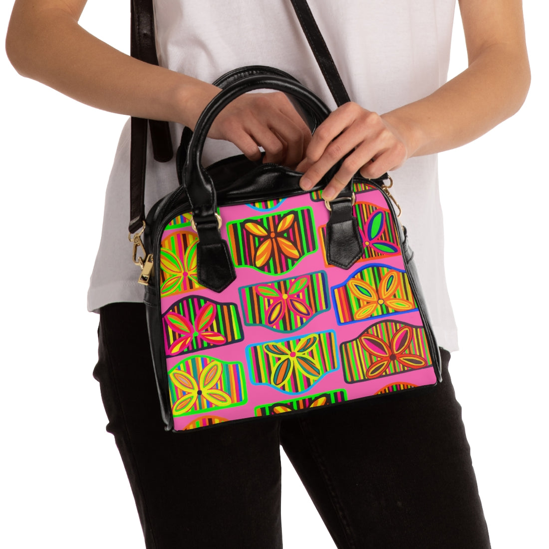 rose pu leather art deco print hand bag