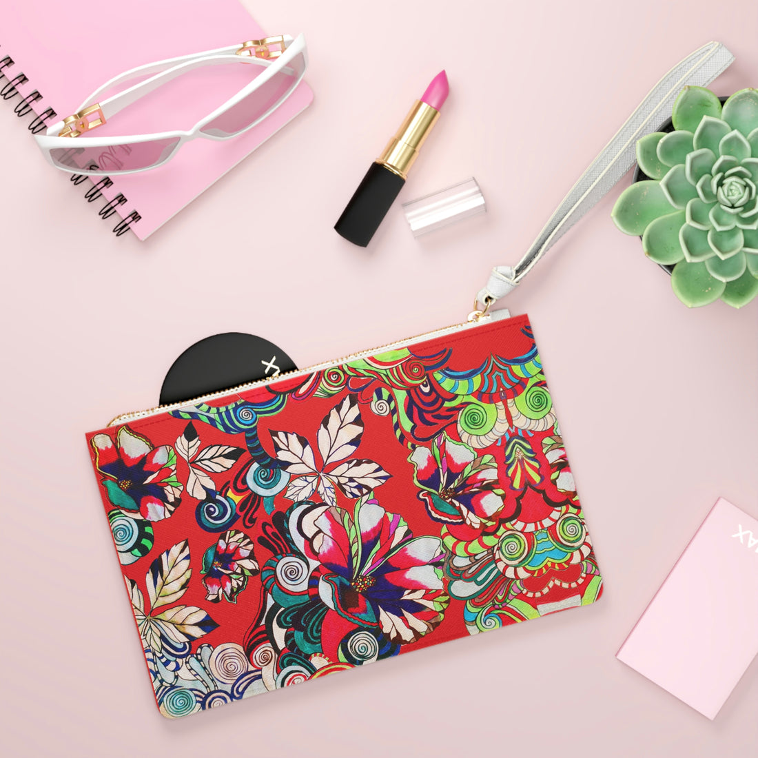 red graphic floral print clutch bag