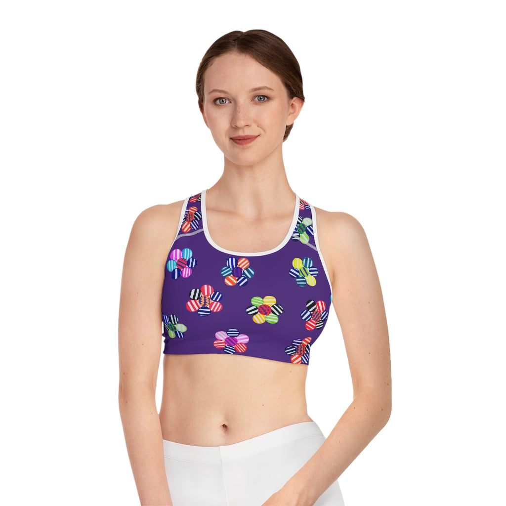 purple geometric flowers sports bra 