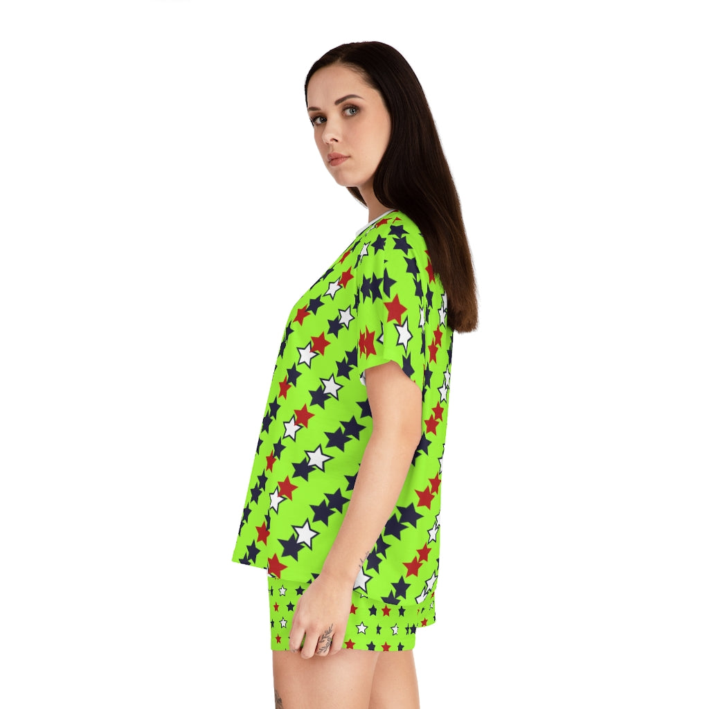 Lime Green Star Print Short Pajama Set (AOP)