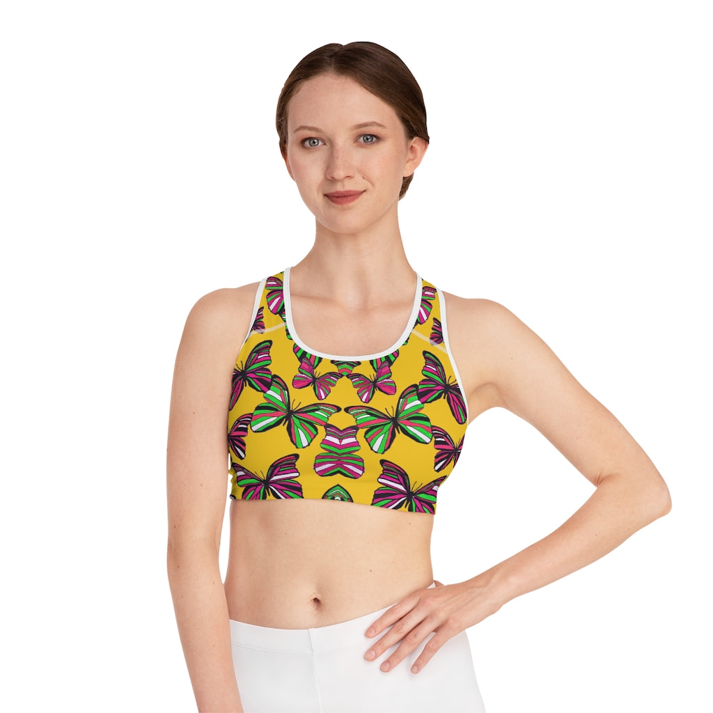 yellow butterfly print sports bra