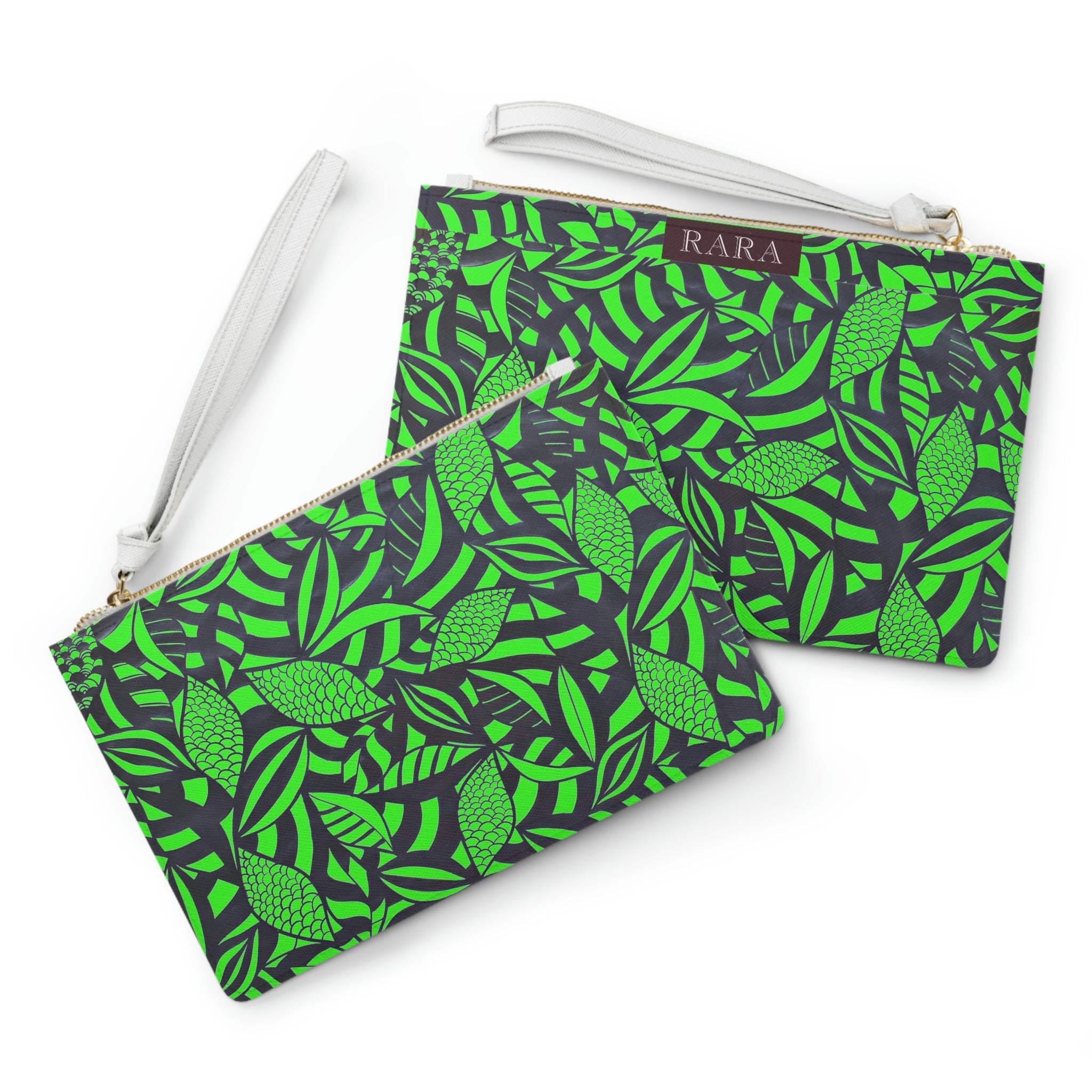 neon green monochrome tropical leaves print clutch bag