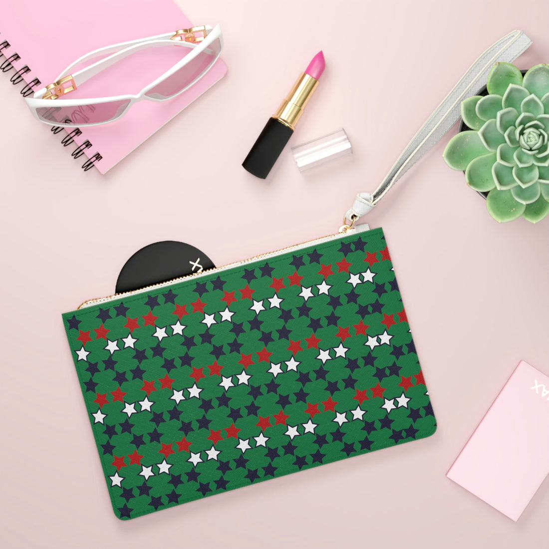 Green Star Print Clutch Bag