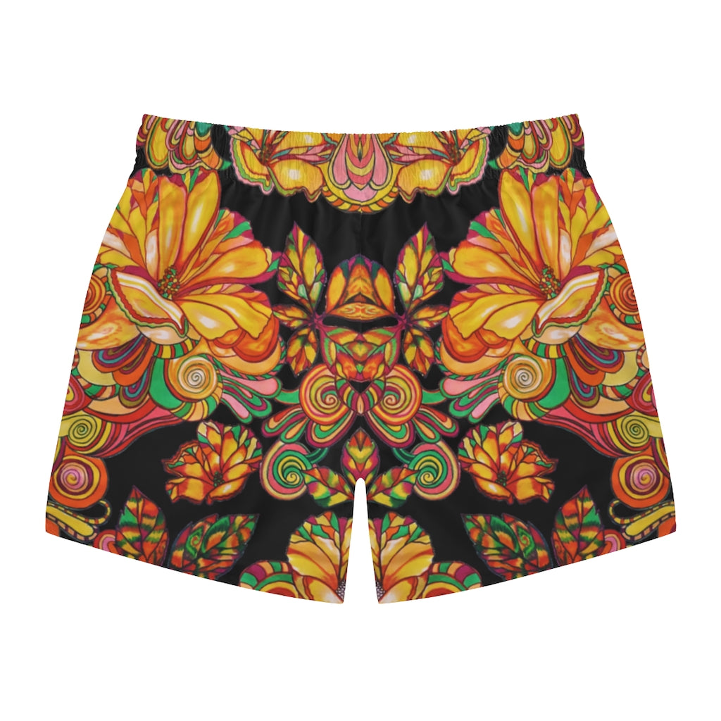 Artsy Floral Men's Black Swimming Trunks