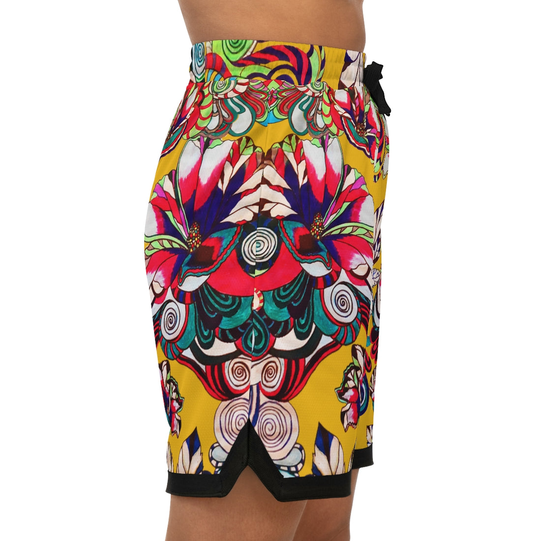 yellow graphic floral print basketball shorts for men