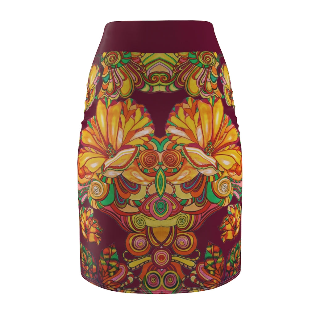 Artsy Floral Marsala Pencil Skirt