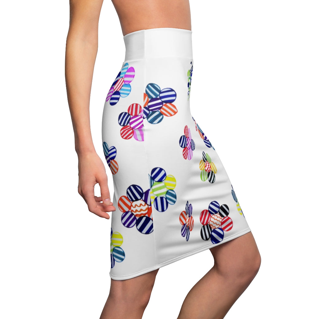 White Candy Florals Print Pencil Skirt