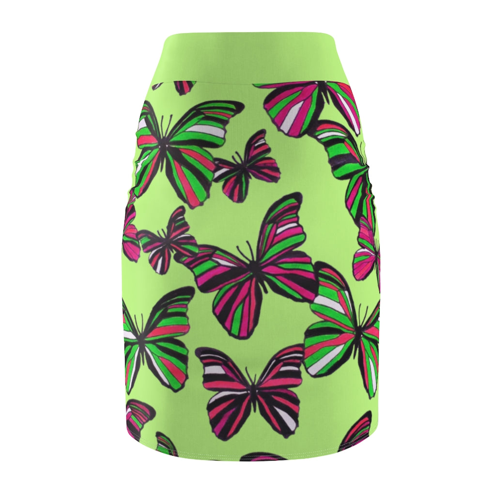 Lime Butterflies Pencil Skirt