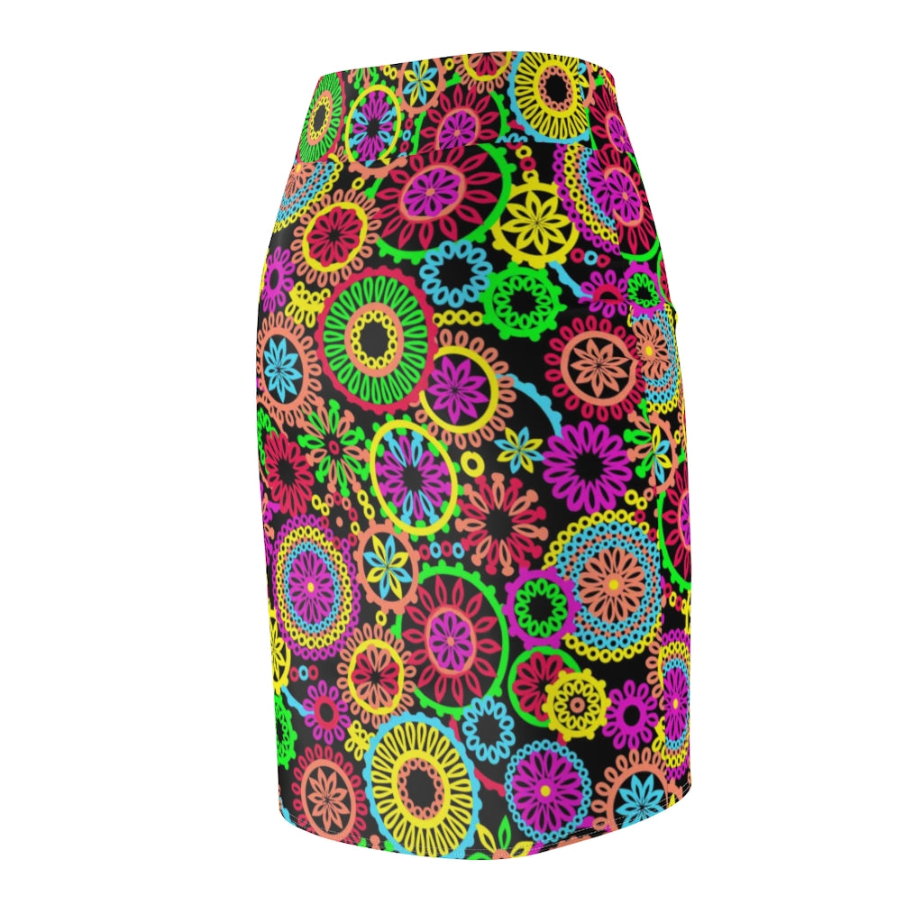 AOP 70's Black Pencil Skirt