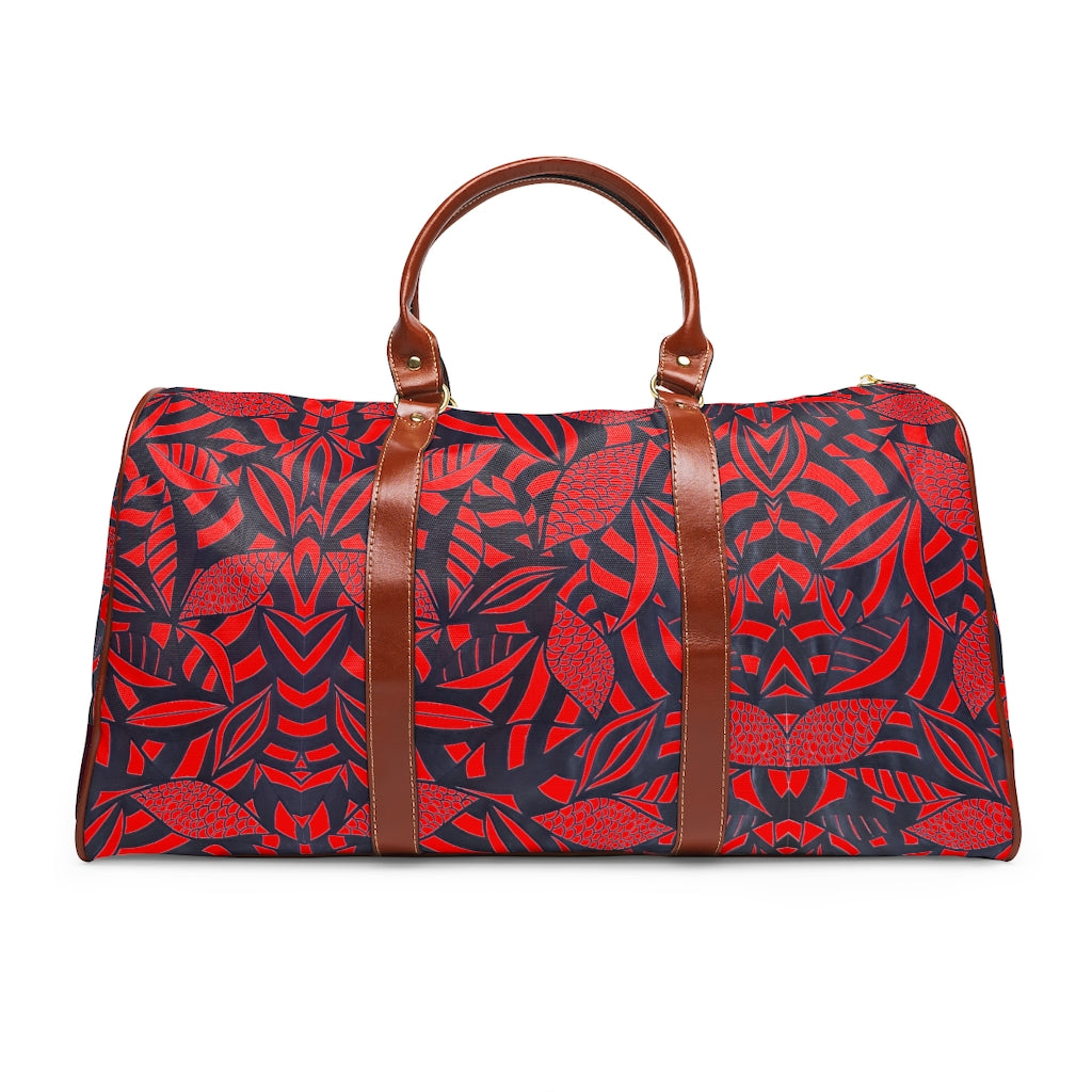 red tropical print duffel bag for travelling