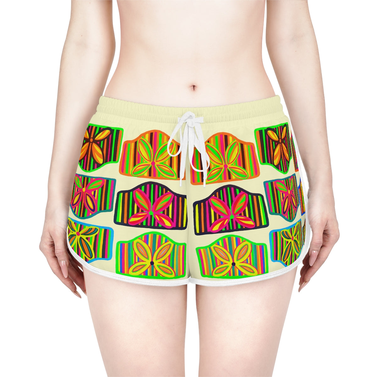 cream art deco print relaxed gym shorts for women