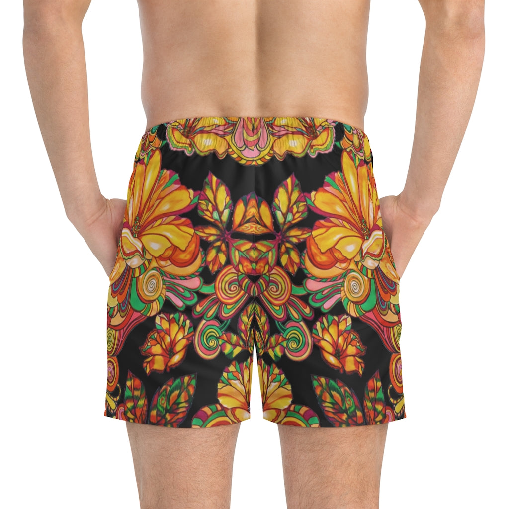 Artsy Floral Men's Black Swimming Trunks