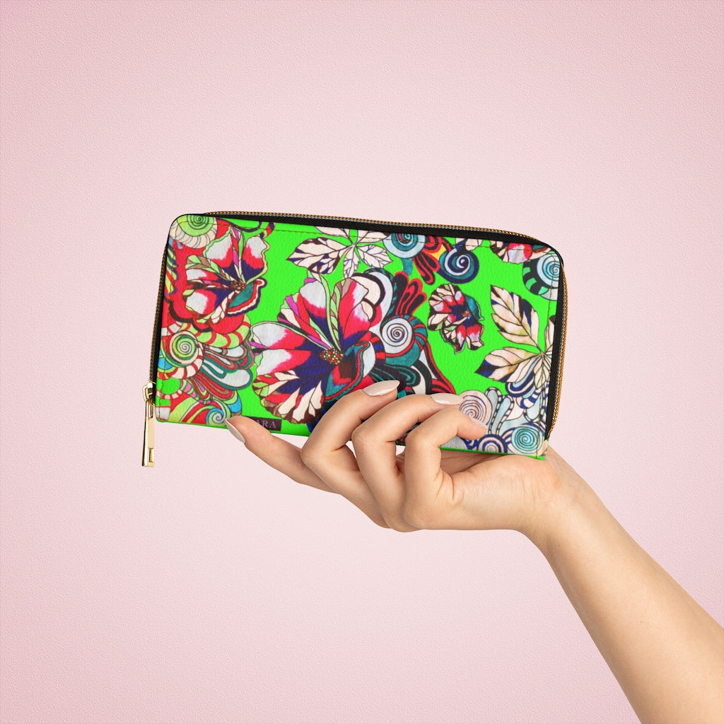 neon green graphic floral pop wallet