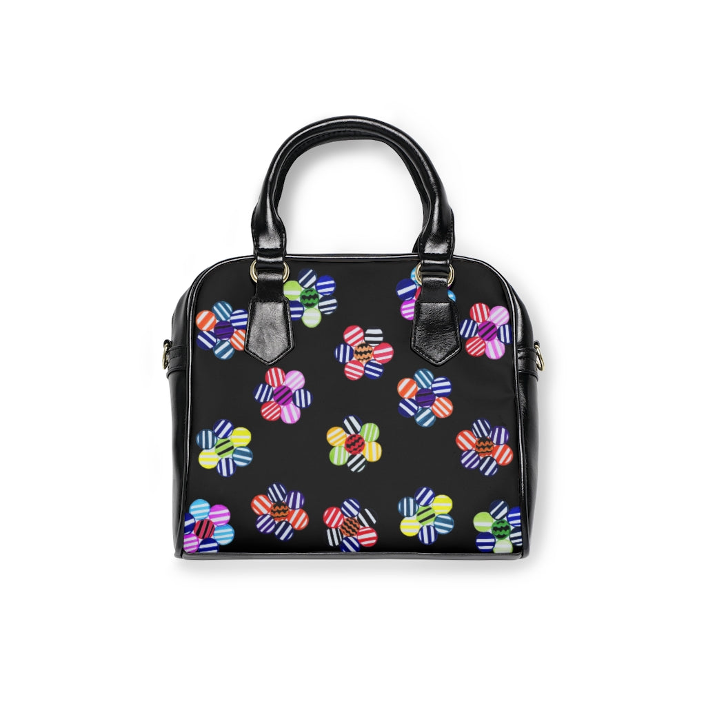 black multi colour geometric florals print handbag
