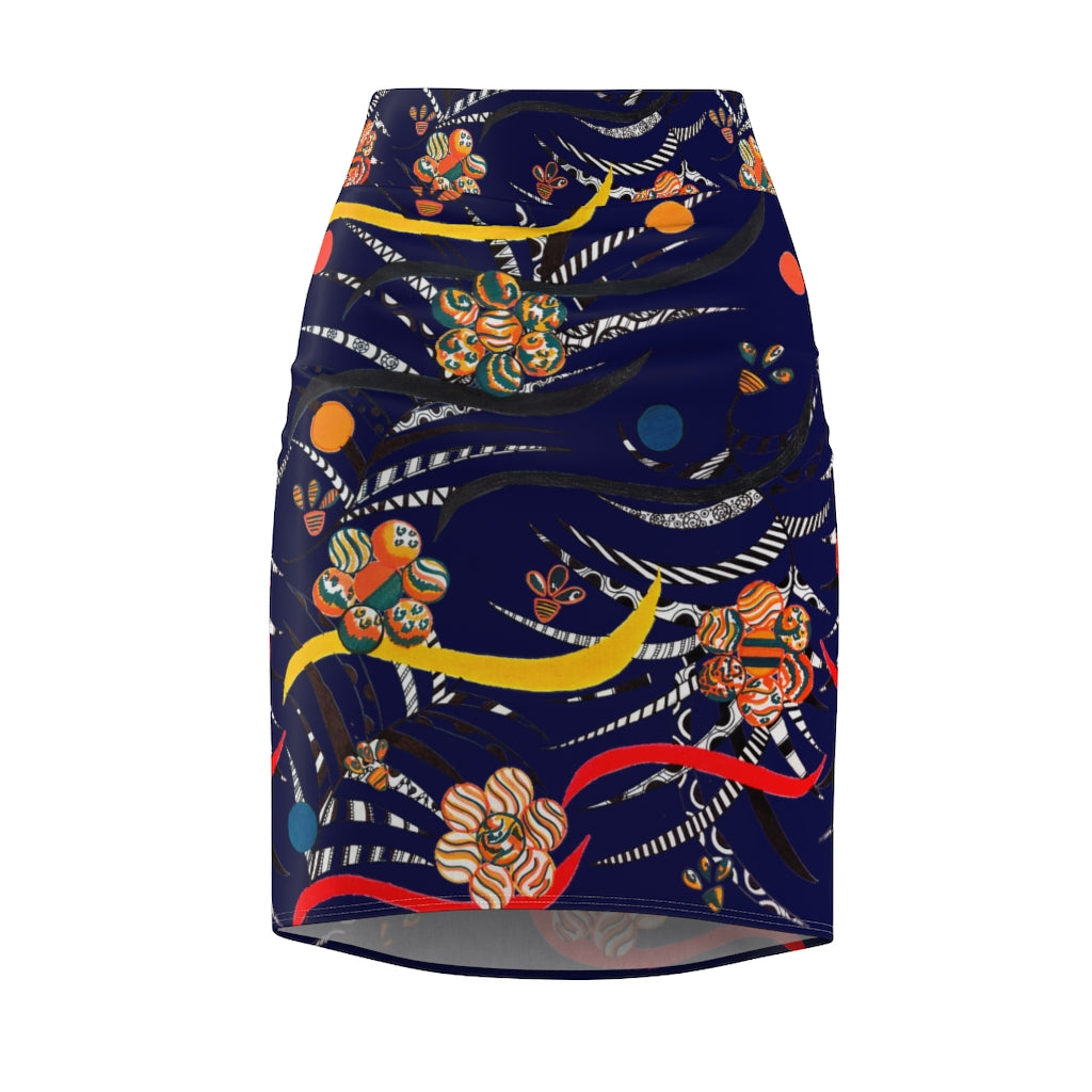 ink blue animal & floral print pencil skirt