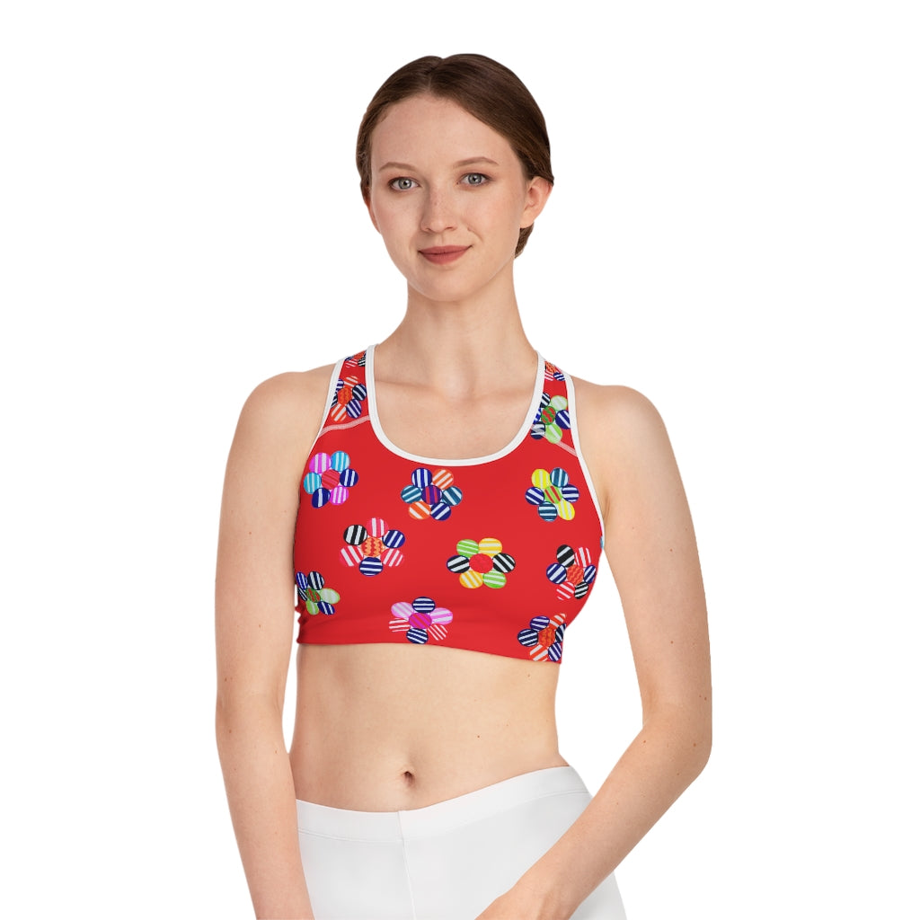 red geometric flowers sports bra 